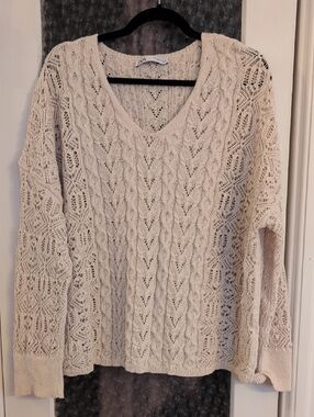 Zara Cream Open-Stitch V-Neck Sweater